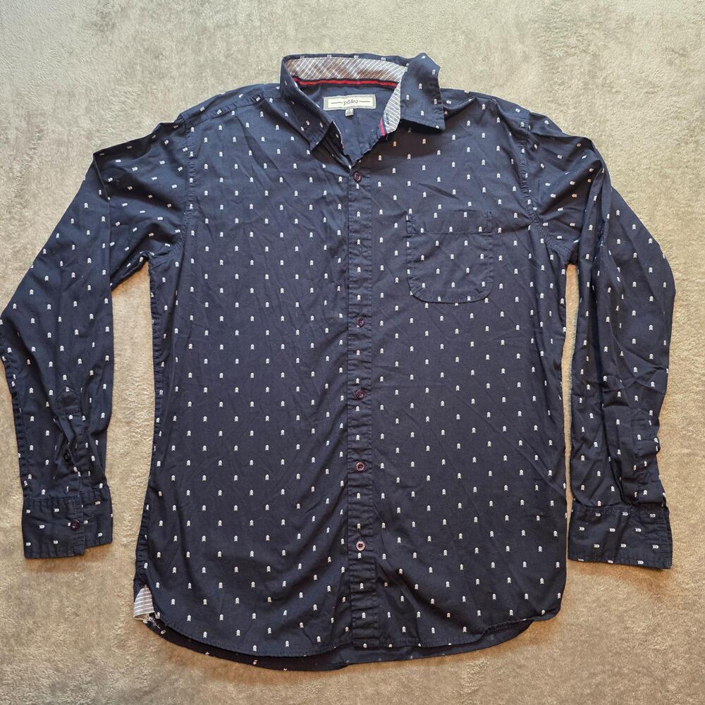 Pd&c Button Up Shirt Mens L Blue Allover Skull Pirate Print Long Sleeve Casual